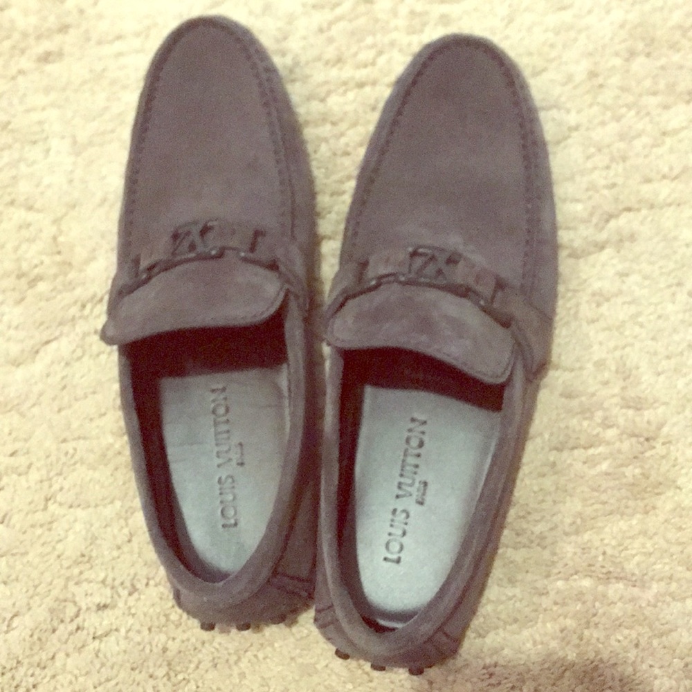 Luis Vuitton Men’s Gray Suede Buckle Loafers, S8